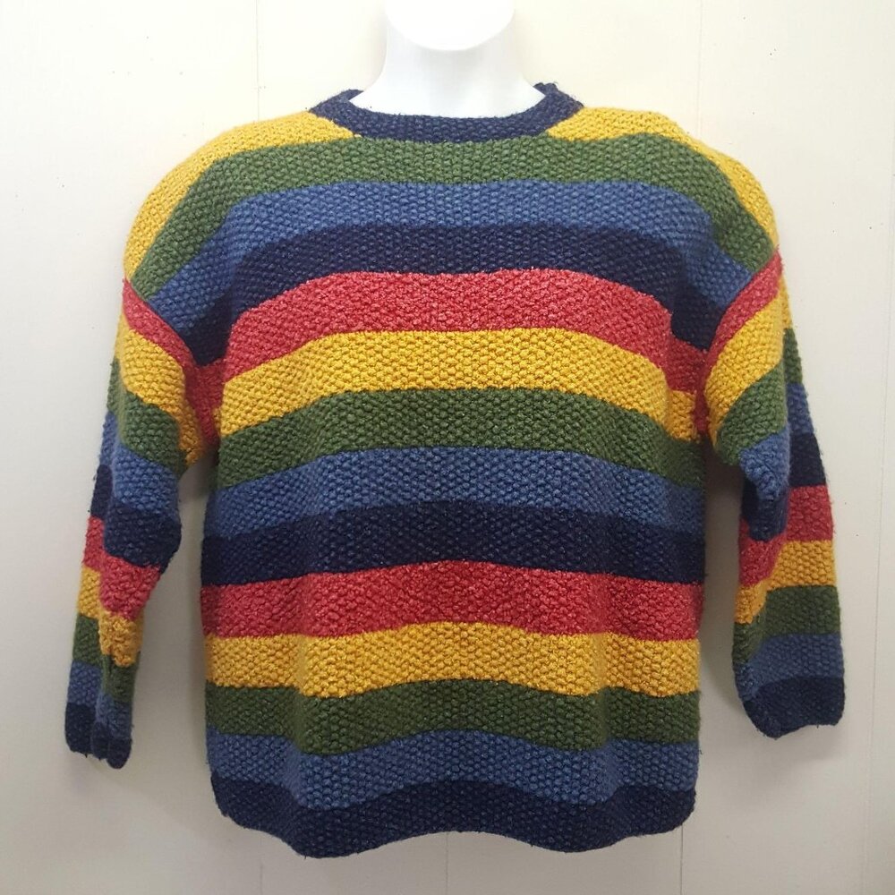Del Mundo Oversized Wool Striped Sweater Pullover Hand‎ Knit